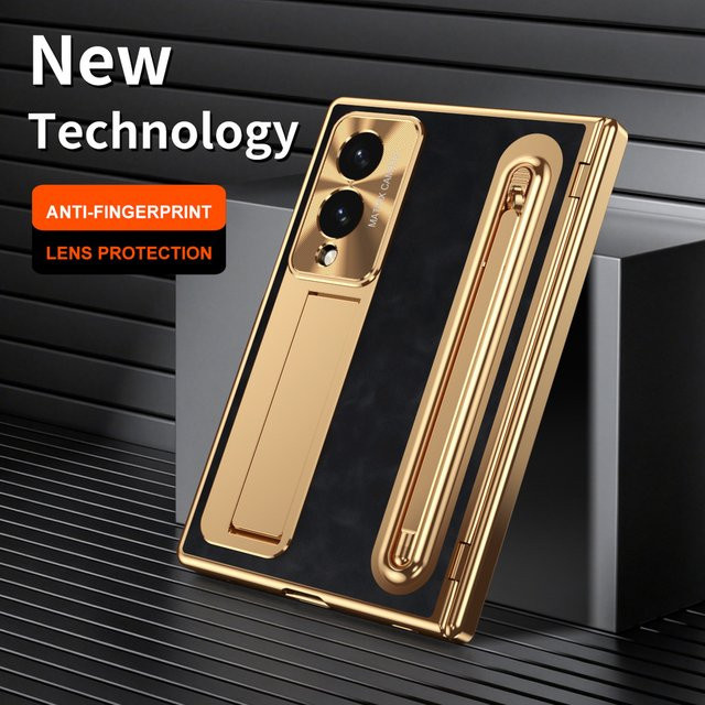 Samsung Galaxy Z Fold 8 Ultra Fold 7 6 5 4 Etui aus galvanisiertem Leder mit Kickstand, Scharnier-Schutz, Stylus-Slot und gehärteter Glasfolie in Blau und Gold - Bild 1