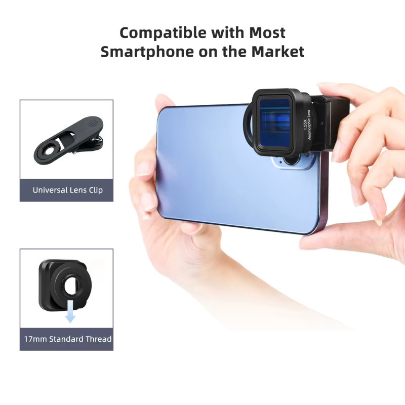 Anamorphes Filmobjektiv für Mobiltelefone mit 1,55-facher Verformung inklusive universellem Linsenclip und Tragetasche in Schwarz - Bild 5