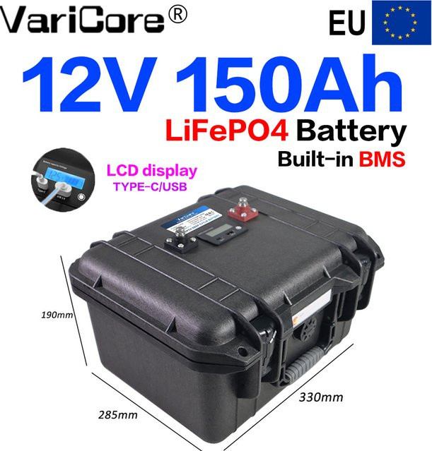VARICORE LiFePO4 Deep-Cycle-Batterie 12V 150Ah mit intelligentem BMS und LCD-Bildschirm in Schwarz - Bild 1