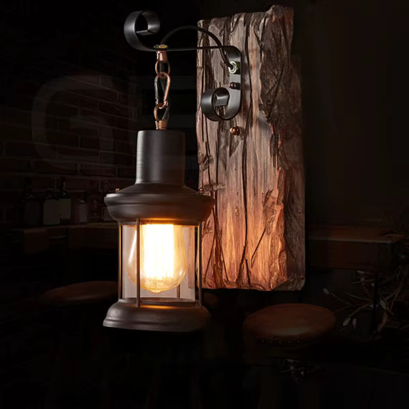 JOYINLED Wandleuchte im industriellen Stil aus Holz und Metall in Schwarz mit transparentem Glas - Bild 2