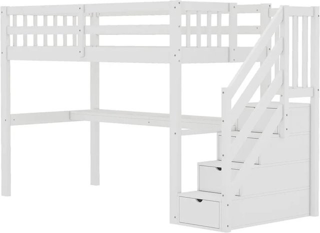 KOMHTOM Kinder Hochbett aus Kiefernholz mit Schreibtisch und Schubladen, Weiß - Bild 1