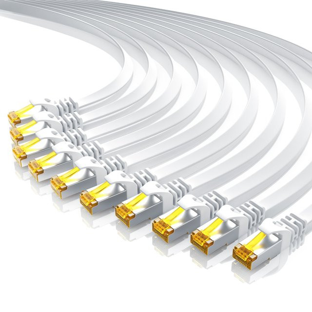 Primewire 10er Set LAN-Kabel CAT.7 Flachband Ethernet Patchkabel RJ-45 Weiß, Länge: 1 m - Bild 1
