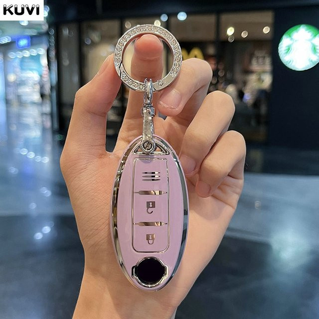 Kuvi TPU Autoschlüsselhülle für Nissan Leaf Micra Qashqai X-Trail Versa Note Patrol in Pink mit 3 Tasten und Schlüsselanhänger - Bild 1