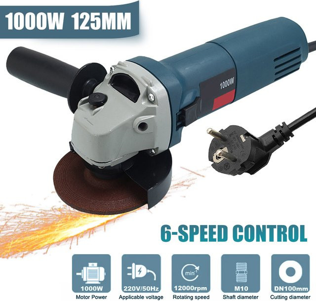 TKKEACE Elektrischer Winkelschleifer mit 6 Geschwindigkeiten, 1000 W, 125 mm, Blau, 220 V - Bild 1