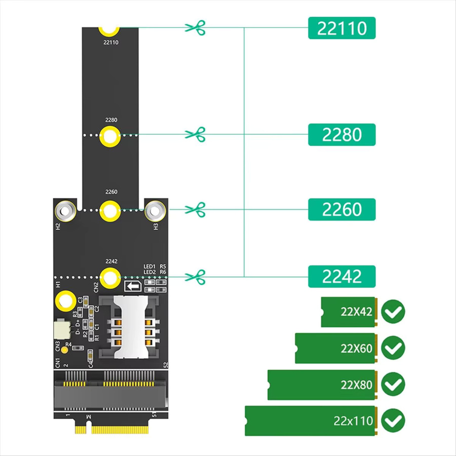 M.2 Key M zu Mini PCIe Adapter mit SIM-Kartensteckplatz für WiFi, WWAN, LTE, 3G, 4G und 5G Netzwerkmodule in Schwarz - Bild 3