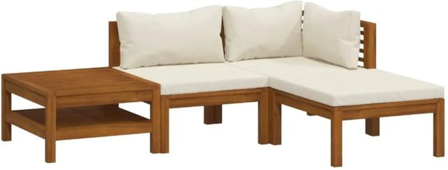 vidaXL 4-teiliges Garten-Lounge-Set aus massivem Akazienholz mit cremeweißen Kissen - Bild 1