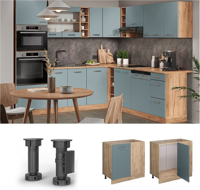 Vicco Eckunterschrank R-Line Küchenschrank in Blau-Grau und Solid Eiche, modern - Bild 1