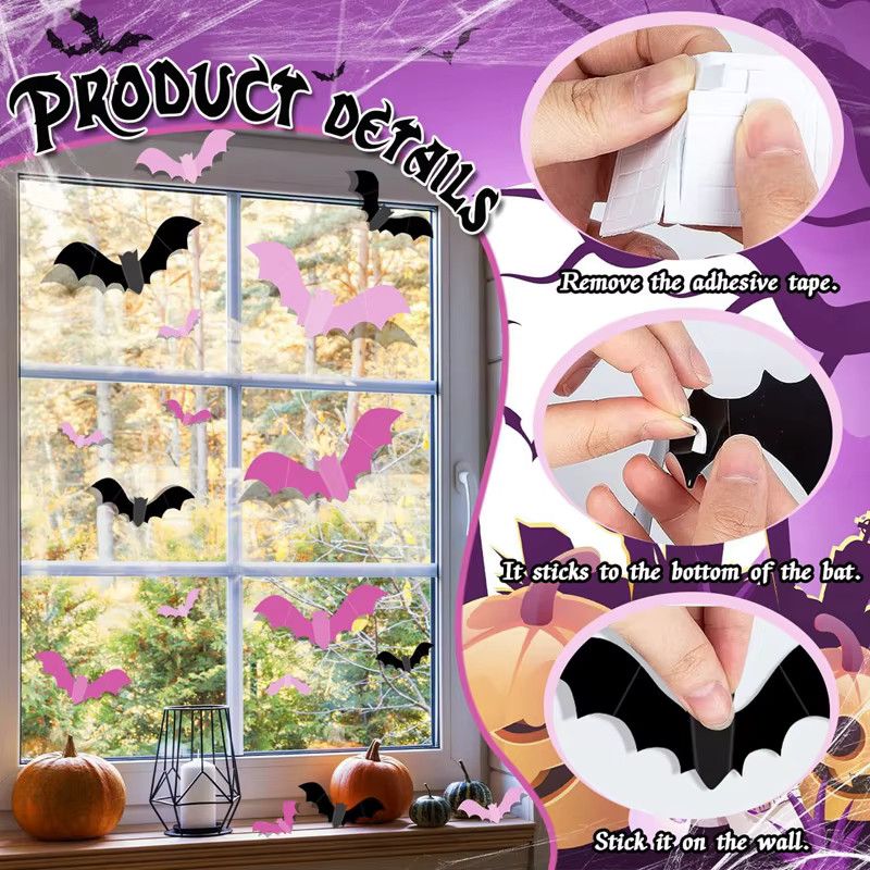 ZQNYCY Halloween 3D Fledermäuse Wandaufkleber in Rosa für Indoor und Outdoor Dekoration - Bild 3