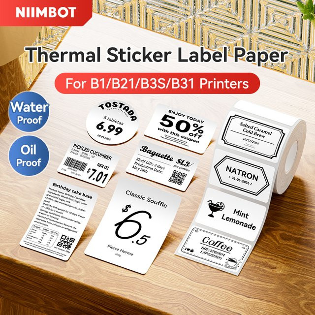 6 Rollen Niimbot Thermoetikettenpapier, weiß und transparent, selbstklebend, ölbeständig und reißfest, passend für B1, B21, B3S und B31 Drucker - Bild 1