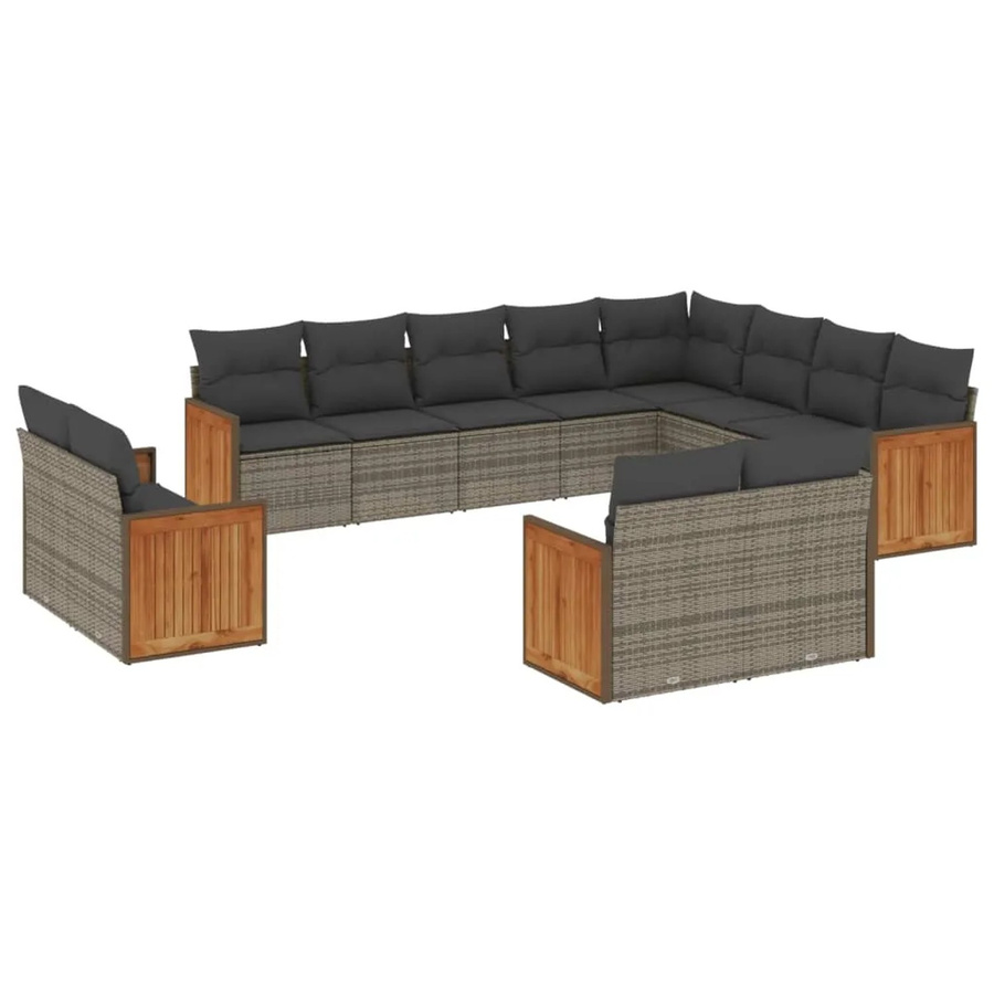 vidaXL 12-tlg. Garten-Sofagarnitur in L-Form aus Polyrattan und Akazienholz, Grau, inklusive Kissen und Stauraum - Bild 2