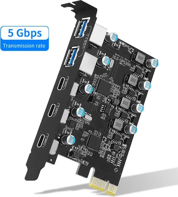 IRhasta USB-Erweiterungskarte PCIe 1X auf 5-Port USB-C und USB-A Adapter mit 5Gbps Geschwindigkeit in Schwarz - Bild 1