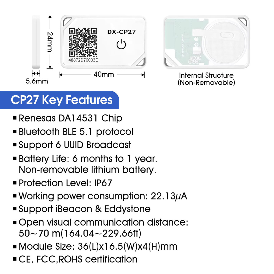 DX-IOT Wireless Eddystone iBeacon Bluetooth Tracker DA14531 BLE 5.1 Mini-Tag in Weiß mit IP67 Wasserdichtigkeit - Bild 2