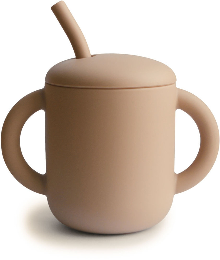 Mushie Silikonbecher mit Trinkhalm in Beige, BPA-frei - Bild 1