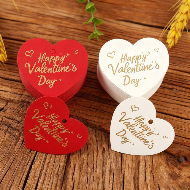 30 Stück Valentinstag Hängeetiketten mit Heißfolienprägung in Herzform, rote und weiße Geschenkverpackungsetiketten aus Papier - Bild 1