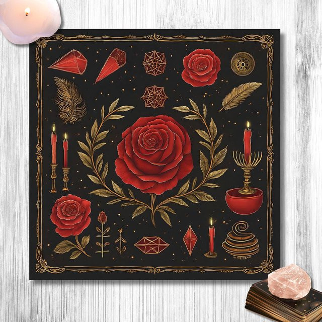 VIKAMA Gothic-Tischdecke in Dunkelrot mit floralem Vintage-Design für Tarot-Zeremonien und Altäre - Bild 1