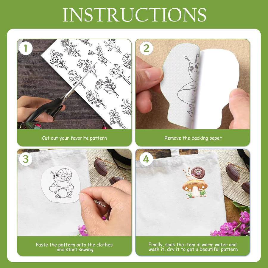 Selbstklebendes Stickerei-Set mit 4 wasserlöslichen Stabilisatorbögen in Schwarz-Weiß und vorgedruckten Blumen- sowie Tiermotiven - Bild 2
