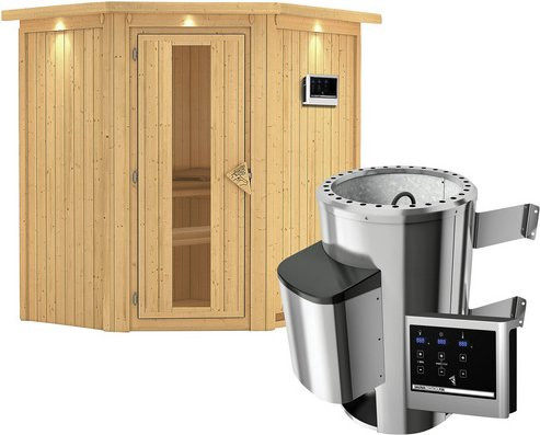 Karibu Sauna Tuckum aus Fichtenholz in Beige mit 3,6 kW Saunaofen und externer Steuerung für 3 Personen, B/T/H: 198,0 x 151,0 x 170,0 cm - Bild 1