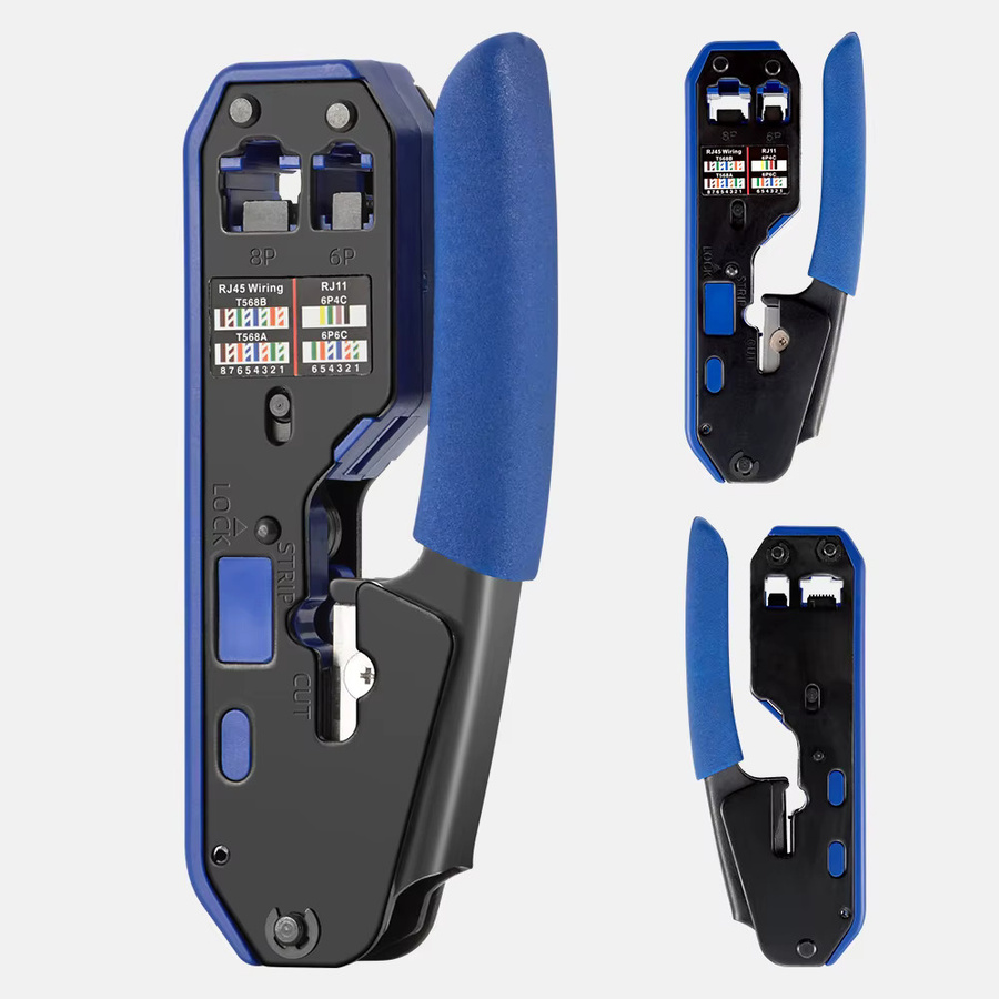 RJ45 Crimpwerkzeuge Set von Seven Floor für Ethernet LAN Kabel Cat6 Cat5e Cat5 inklusive Abisolierzange und Stecker in Blau - Bild 2