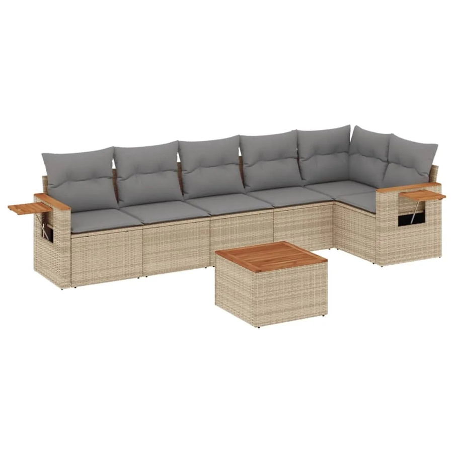 vidaXL 7-teilige Garten-Sofagarnitur in L-Form aus Poly-Rattan und Akazienholz mit Kissen in Beige - Bild 2