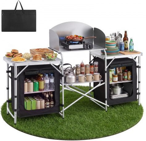 VEVOR Klappbare Campingküche in Schwarz mit 2 MDF-Beistelltischen, abnehmbarem Windschutz und Stauräumen für Picknick und Reisen - Bild 1