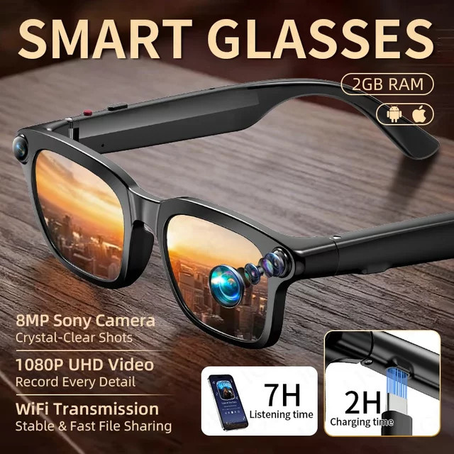 LIGE Smart Bluetooth Sonnenbrille mit KI-Kamera für Foto- und Videoaufnahme, Übersetzungsfunktion und Anrufoption, wasserfest, Schwarz - Bild 1