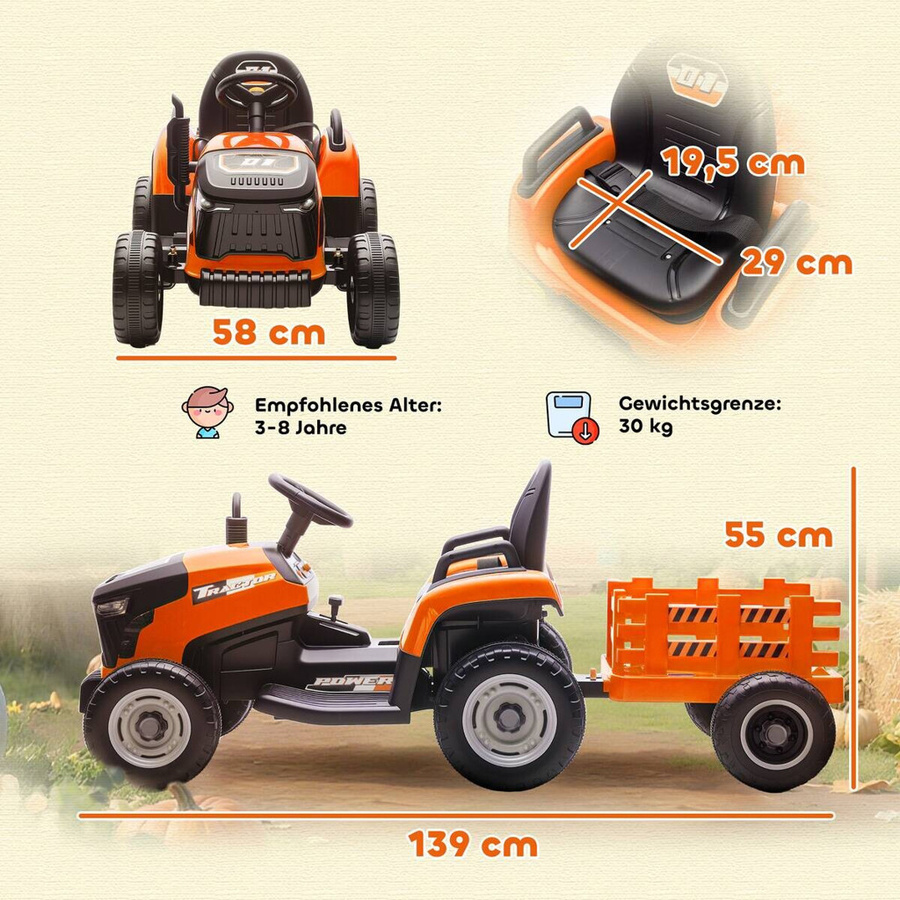 AIYAPLAY Elektrischer Kinder Traktor mit Anhänger, Fernbedienung, Orange, 3-8 Jahre - Bild 6