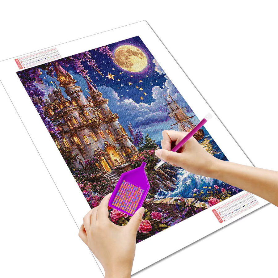 Huacan Diamantmalerei Landschaft mit Meer, Mond, Boot und Schloss, Diamantmosaik in Multicolour, B/H: 30,0 x 20,0 cm - Bild 2