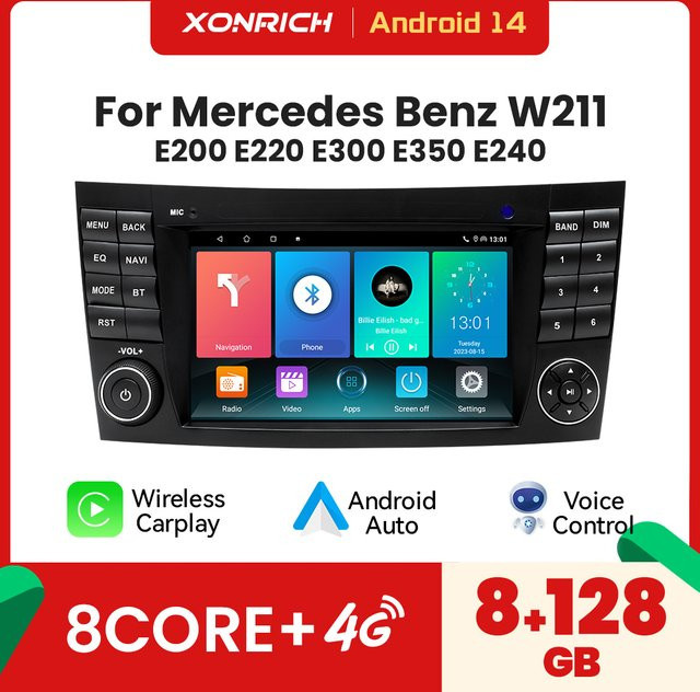 XONRICH Kabelloses CarPlay Android Autoradio mit GPS-Navigation und Bluetooth für Mercedes Benz E-Klasse W211 CLS W219 in Schwarz - Bild 1