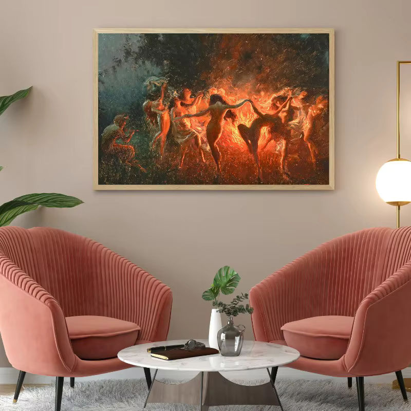 Joseph Tomanek Leinwandgemälde Hexen Nymphe Feuertanz Vintage Wandbild Mehrfarbig - Bild 4