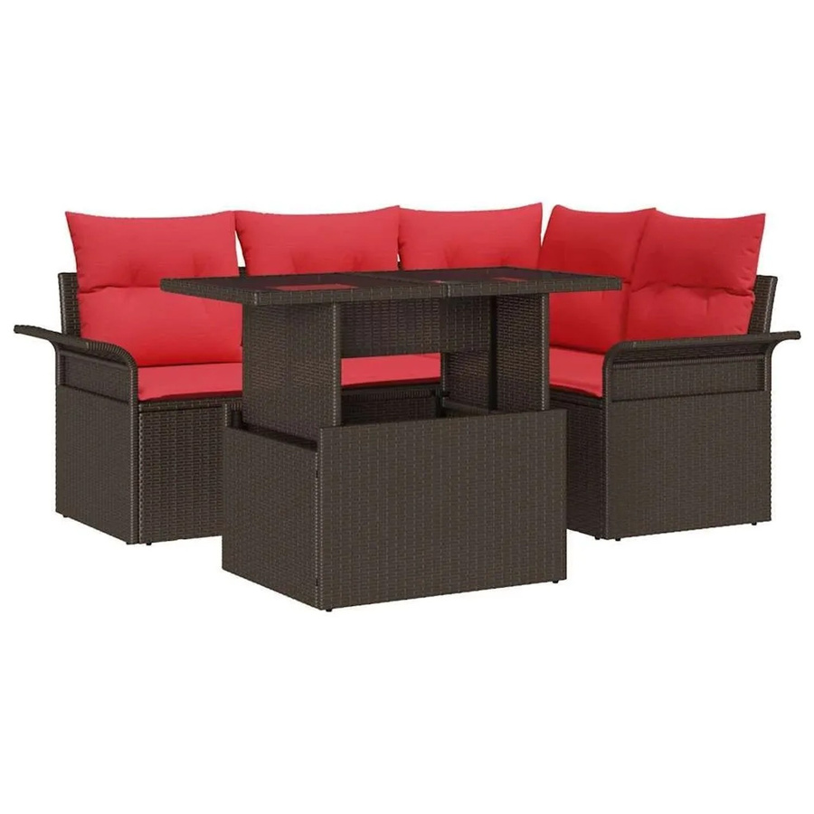 vidaXL Gartenmöbel-Set aus Polyrattan in Braun mit 5-teiliger Polstergarnitur, 3-Sitzer Sofa, Ottoman und Couchtisch inklusive Kissen mit integriertem Stauraum - Bild 2