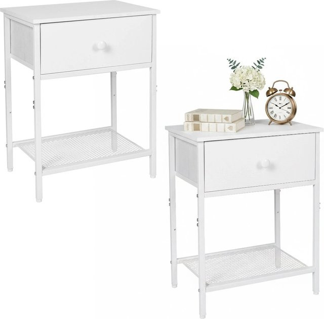 Relaxdays Nachttisch 2er Set in Weiß mit Schublade und Ablage aus MDF und Stahl, höhenverstellbar, B/T/H: 55 x 40 x 30 cm - Bild 1