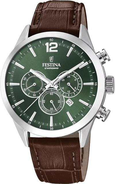 Festina Chronograph Herrenuhr, Quarz, Edelstahl, Leder, 44 mm, Grün - Bild 1