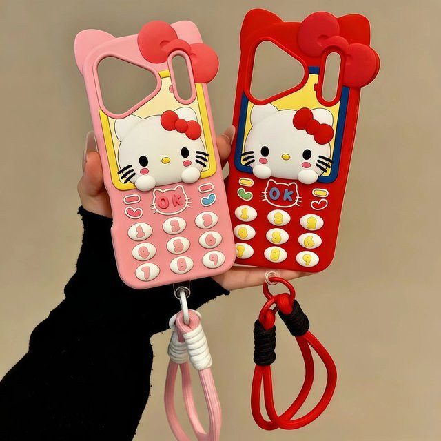 Hello Kitty Handyhülle für Apple iPhone 17 16 15 14 13 Pro Max Plus in Rot mit Anime Silikon-Rückseite und Schlaufe - Bild 1
