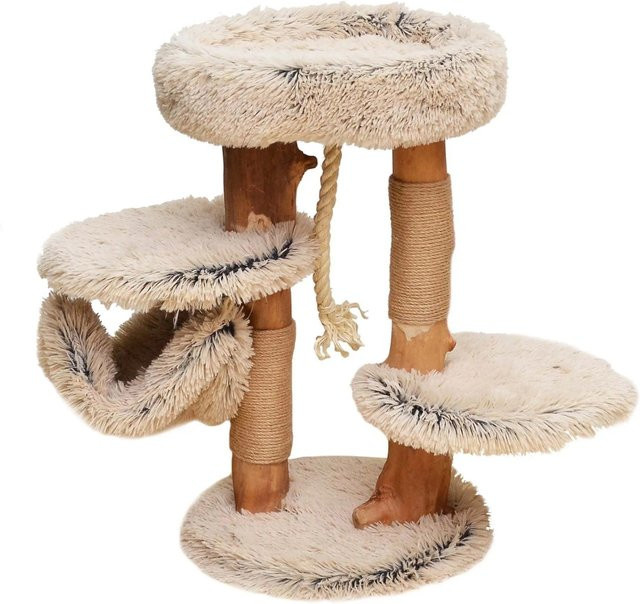 Fudajo Kratzbaum aus Birnbaumholz und Plüsch in Beige und Creme-braun mit Hängematte, Höhe: 87,5 cm, Breite: 40 cm, Tiefe: 40 cm - Bild 1
