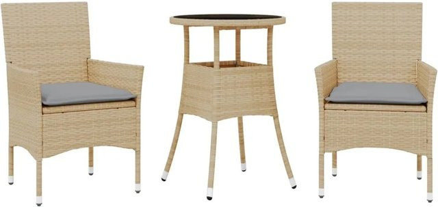 vidaXL 3-teilige Garten-Essgruppe aus Poly Rattan mit Kissen und Glastisch in Beige-Grau - Bild 1