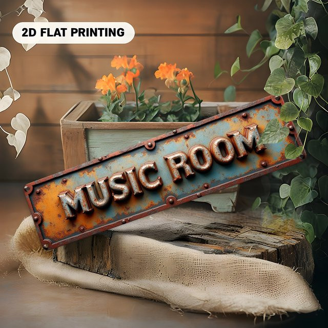 Vintage Metallschild Hello Young Musikzimmer Wanddeko in Orange-Blau mit 3D-Textur-Optik - Bild 1
