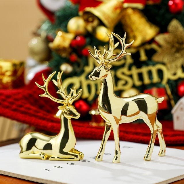 2-teiliges GUGUGUHOME Weihnachts-Rentier-Dekor aus Kunstharz in Weiß und Gold, stehende und sitzende Hirschfiguren für die Weihnachtsdekoration im Innenbereich - Bild 1