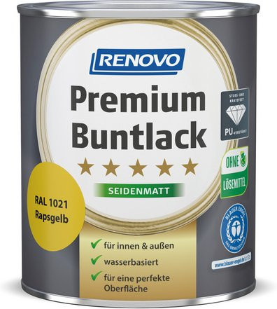 RENOVO Buntlack für Holz in Gelb, wasserbasiert, wetterfest und kratzfest, satin-matt, 0,75 l - Bild 1