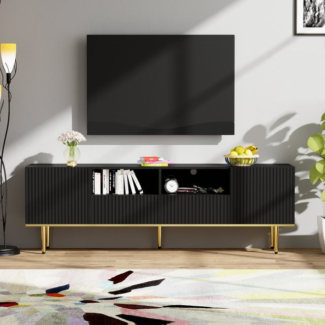 Moderner TV-Schrank Aosom in Schwarz mit vergoldeten Akzenten und Schubladen, B: 165 cm, H: 55 cm, T: 36 cm - Bild 1