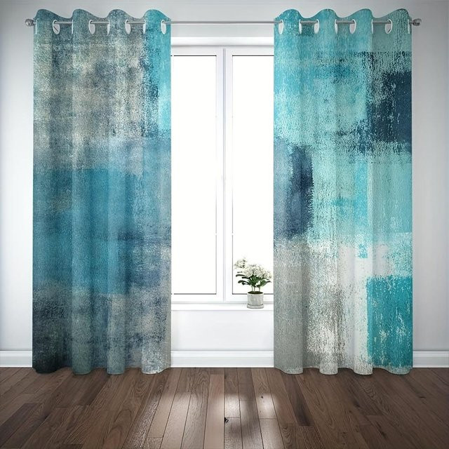 Yiran Furniture Vorhänge im Vintage Bauernhaus-Stil mit Holzmaserung-Optik, Mehrfarbig Blau, B/H: 50 x 130 cm, 2er-Set mit Ösen - Bild 1