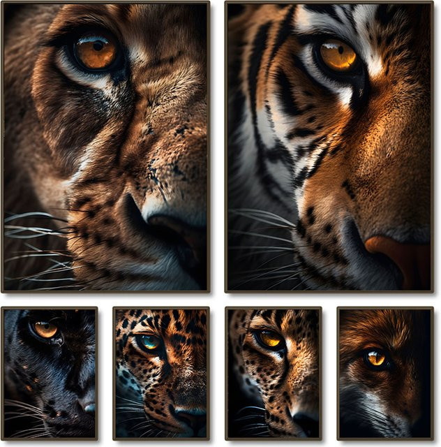 Potdemiel Wildtier Wandkunst Tiger- und Löwenaugen-Poster als Leinwanddruck in Mehrfarbig - Bild 1