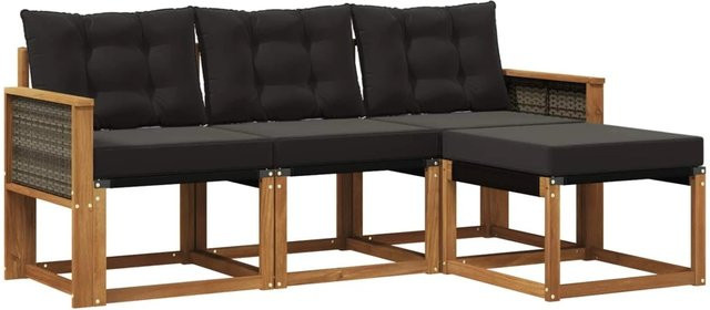 vidaXL Outdoor-Sofagarnitur L-Form aus massivem Akazienholz mit Textilene und Kissen, Schwarz/Natur - Bild 1