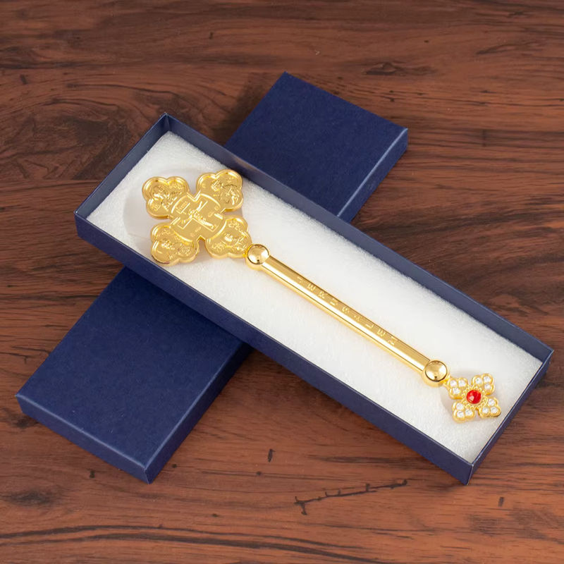 Vergoldetes orthodoxes Kreuz mit religiösen Gravuren und Kristalldekorationen in Gold, Höhe: 23,11 cm - Bild 5