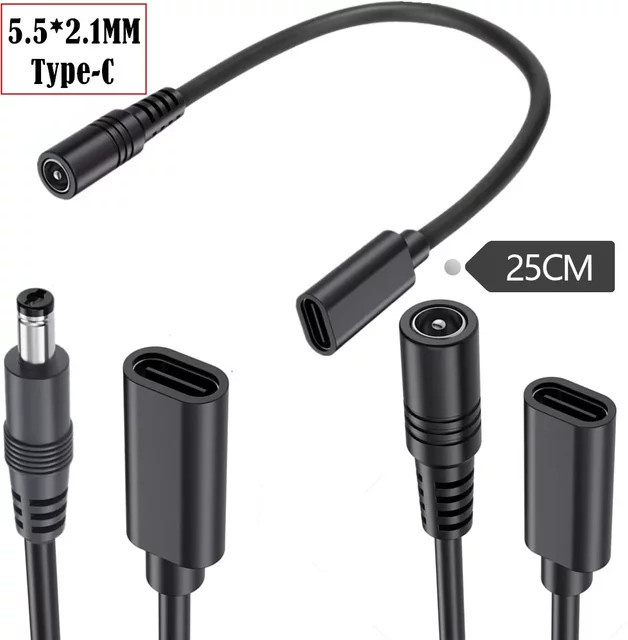BSN Stromverlängerungskabel mit USB-C-Buchse und 5,5 x 2,1 mm Stecker, Ladeadapterkabel für 5–24 V, Schwarz - Bild 1