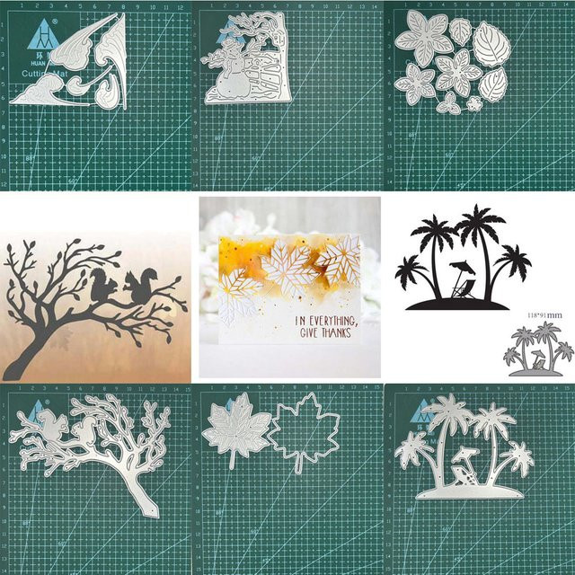 Metall Schablonen Set mit Eichhörnchen, Baum, Wellen, Blättern und Blumen für DIY Scrapbooking, Basteln und Papierarbeiten - Bild 1