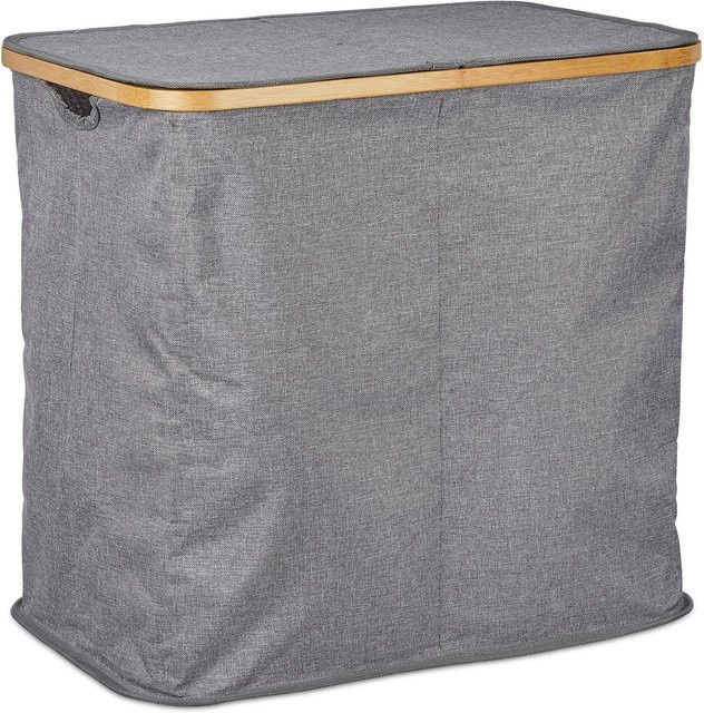 Relaxdays Wäschekorb aus Bambus und Polyester in Grau mit Deckel und 2 Kammern, B/T/H: 50 x 54 x 33,5 cm - Bild 1