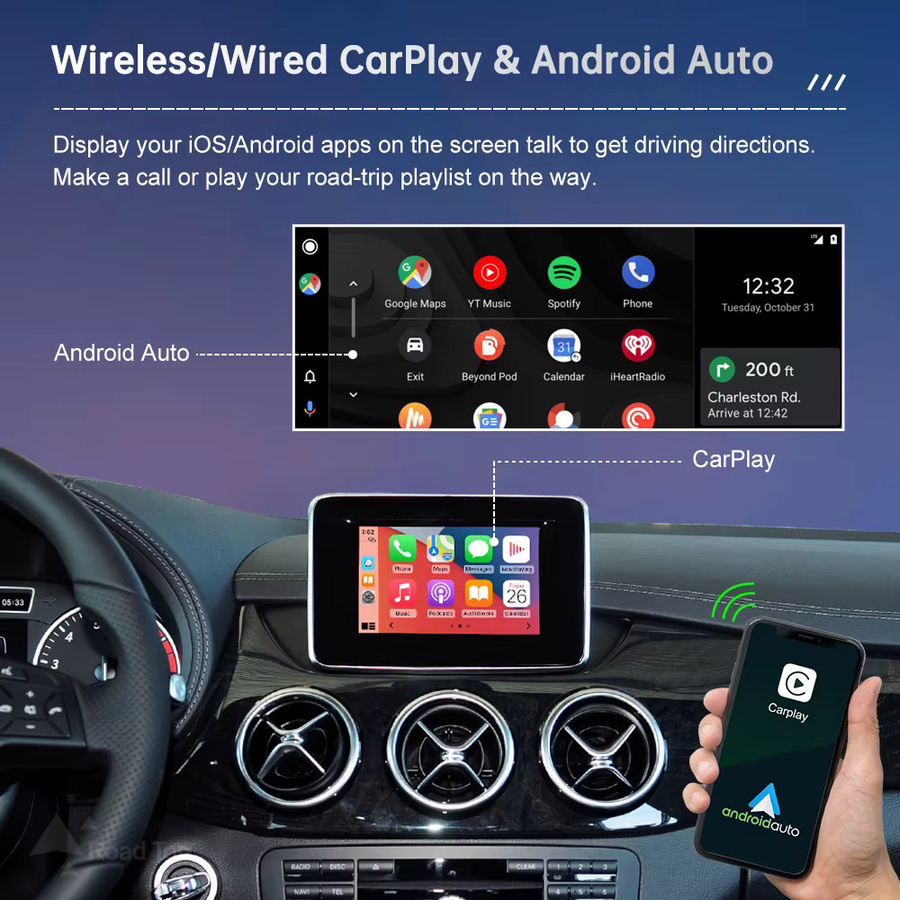 Road Top Drahtloses CarPlay und Android Auto Interface für Mercedes Benz B-Klasse W246, C-Klasse W176, GLK W204 und X204 mit NTG4.5, Plug-and-Play, Schwarz - Bild 2