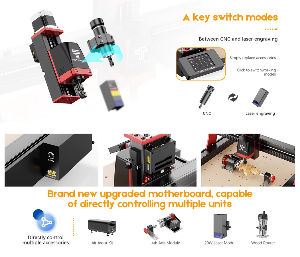 TwoTrees TTC 450 Pro CNC-Fräsmaschine mit Lasergravur- und Schneidefunktion in Schwarz, Arbeitsbereich B: 46 cm, T: 46 cm, H: 8 cm - Bild 2