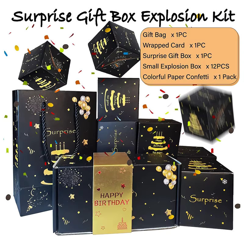 バR Sigur 10er Set faltbare Explosions-Geschenkboxen in Schwarz und Gold aus Papier für Valentinstag und Winter - Bild 1