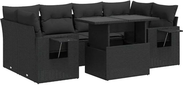 vidaXL 7-teilige Garten-Sofagarnitur in L-Form aus schwarzem Poly-Rattan mit UV-beständigen Kissen und pulverbeschichtetem Stahlgestell - Bild 1
